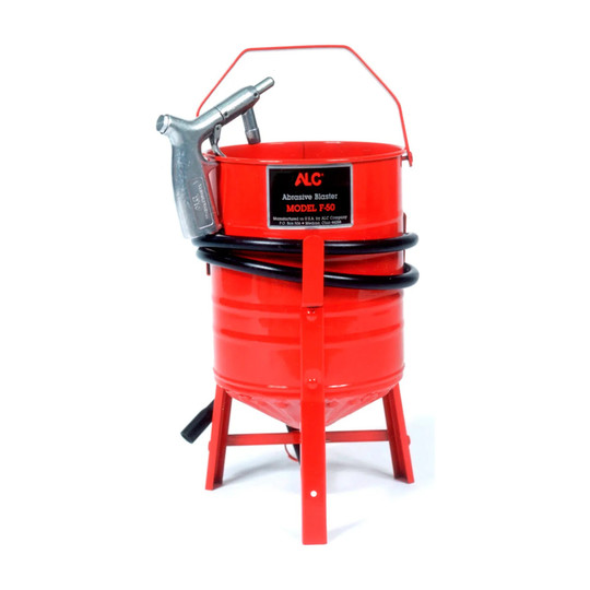 Red steel siphon-fed abrasive blaster with open-top tank and blast hose
