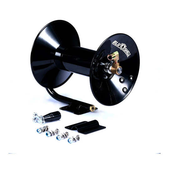 Blue steel manual pressure washer hose reel with hand crank