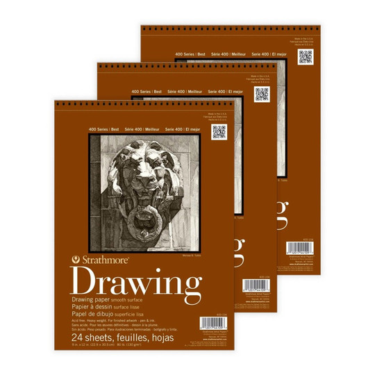 400 Series Smooth Drawing Paper Pads, 9 x 12 Inches, Pack of 3