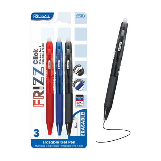Erasable Retractable Gel Pens with Grip, Assorted Colors, 3-Pack