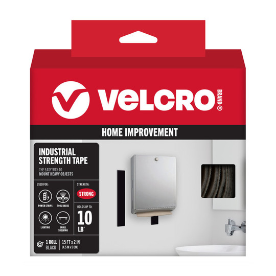 Industrial Strength Hook and Loop Tape, Black, 15 ft x 2 in