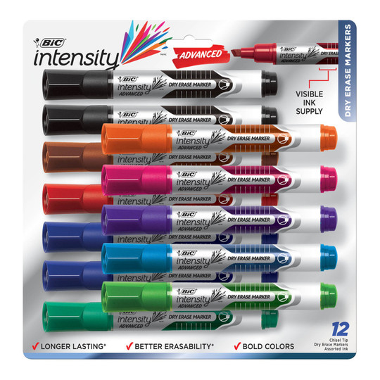 Advanced Dry Erase Markers, Chisel Tip, Assorted Colors, 12-Pack