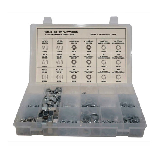 Metric hex nut, flat washer, and lock washer assortment