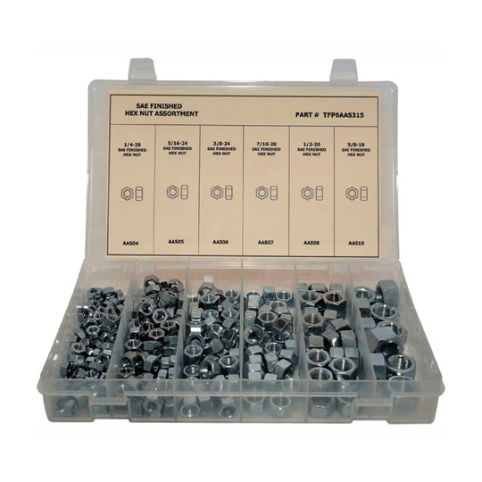 315-piece zinc-plated finished hex nut assortment with fine-thread sizes from 1/4-28 to 5/8-18