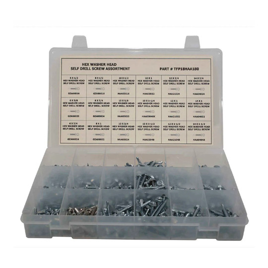 465-piece zinc-plated steel self-drilling screw assortment with hex washer heads