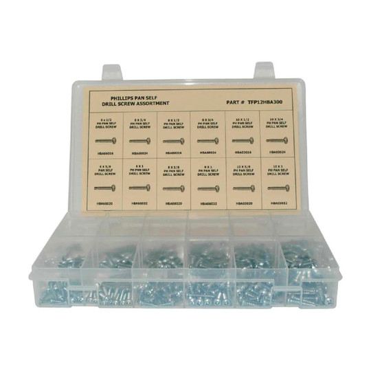 400-piece zinc-plated steel self-drilling screw assortment with Phillips pan heads