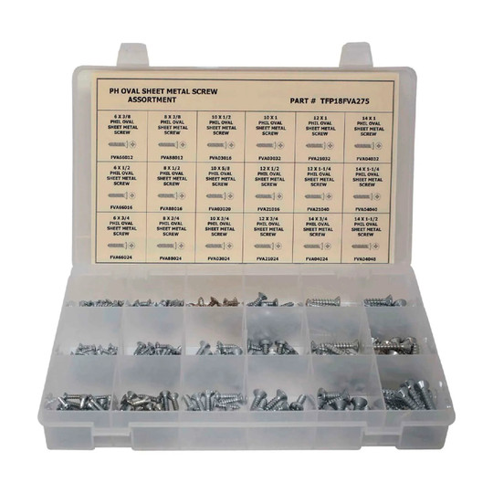275-piece Phillips oval head sheet metal screw assortment in zinc-plated steel