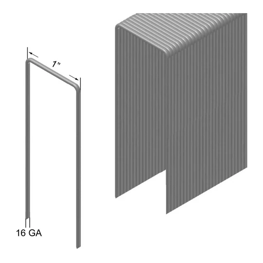 Box of 16 gauge galvanized steel wide crown staples with 1-inch crown and 1-1/4-inch leg length