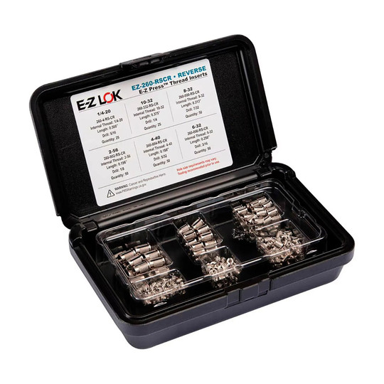 Reverse threaded insert assortment kit for plastic components, sizes 2-56 to 1/4-20