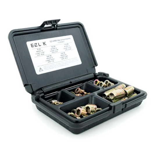 Flanged hex-drive threaded insert assortment kit for soft wood