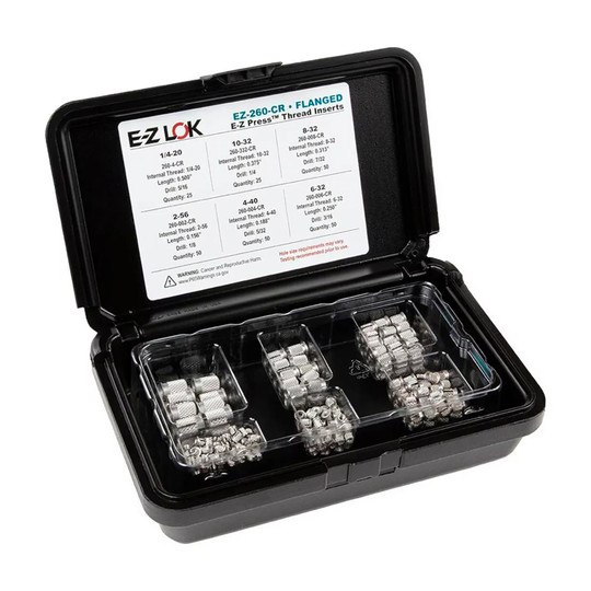 Flanged stainless steel threaded insert assortment kit for plastic, 2-56 to 1/4-20
