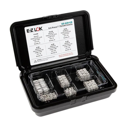 Flush stainless steel threaded insert assortment kit with sizes from 2-56 to 1/4-20