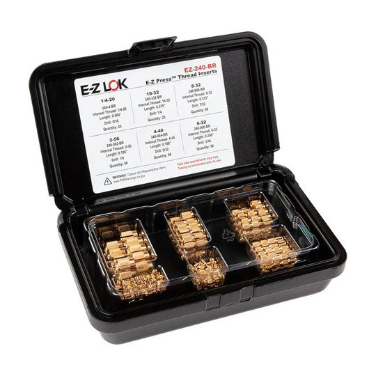 Flush brass threaded insert assortment kit for sizes 2-56 to 1/4-20