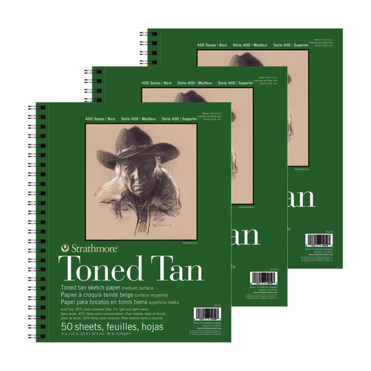 400 Series Toned Tan Recycled Sketch Pad, 9 x 12 in., 50 Sheets, Pack of 3