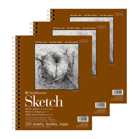 Side-Wire Sketch Pads, 9 x 12 in., 100 Sheets, Pack of 3