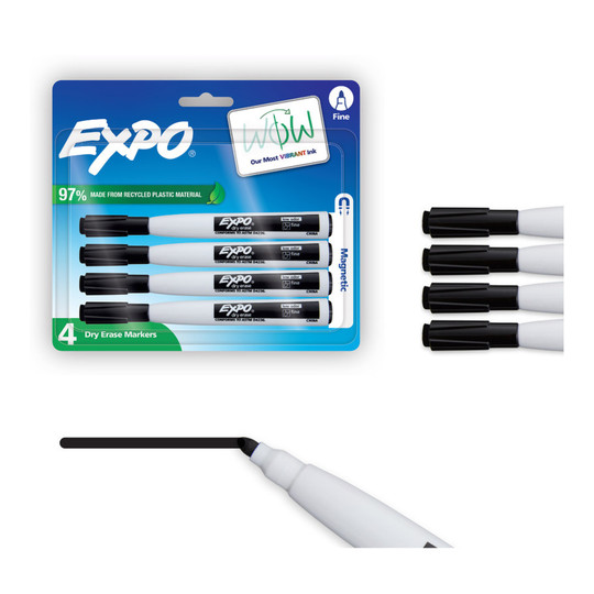 Magnetic Dry Erase Markers with Cap Erasers, Black, Fine Tip, 4-Pack