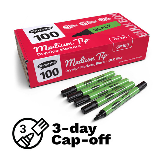 Medium-Tip Slim Barrel Dry Erase Markers, Black, 100-Pack