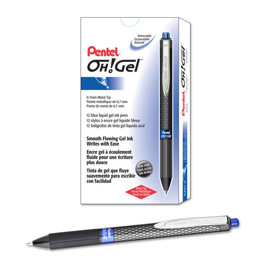 Retractable Gel Pens, Blue Ink, 0.7 mm Medium Point, 12 Pack