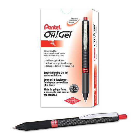 Retractable Gel Pen, Red Ink, Medium Point, 12 Pack