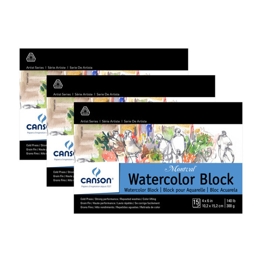 Artist Series Watercolor Paper Blocks, Foldover Binding, 4 x 6 Inches, 15 Sheets, Pack of 3