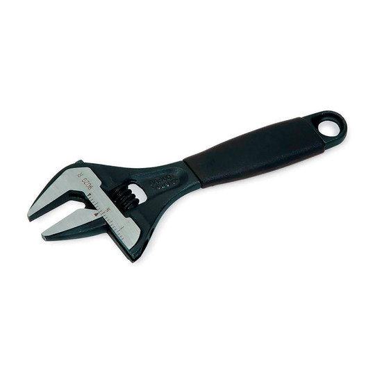 Black 10-inch adjustable wrench with wide-opening tapered jaws and ergonomic handle