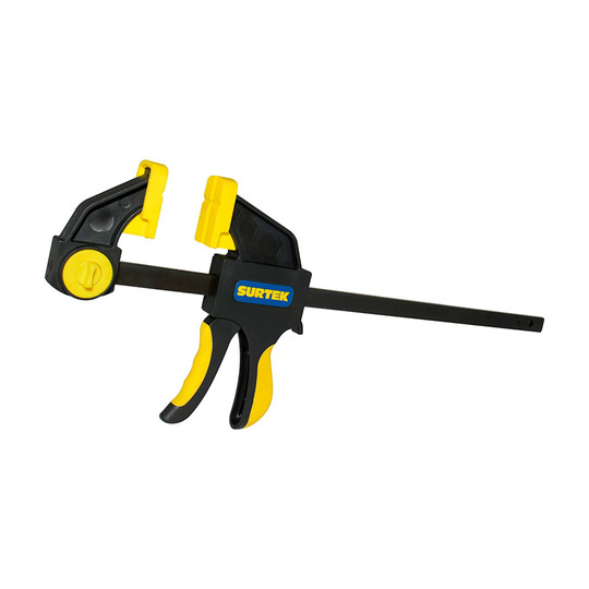 Quick-release bar clamp with soft jaw pads and 12-inch opening