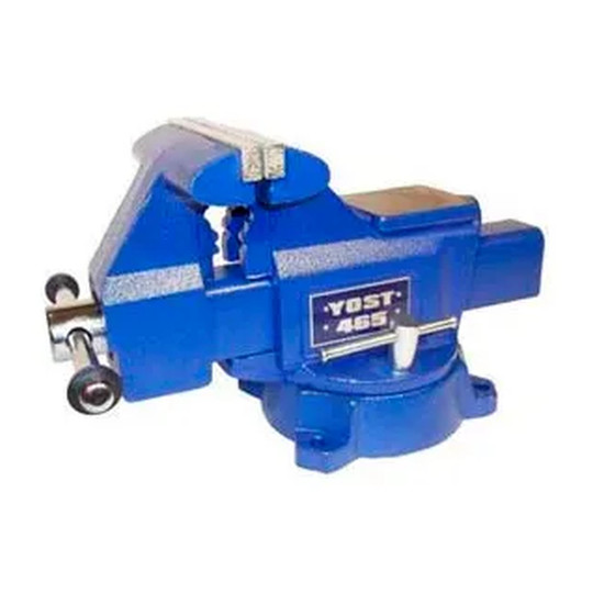 Blue 6-1/2-inch utility bench vise with swivel base and pipe jaws
