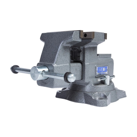 Gray reversible bench vise with 5-1/2 inch jaws and 360 degree swivel base