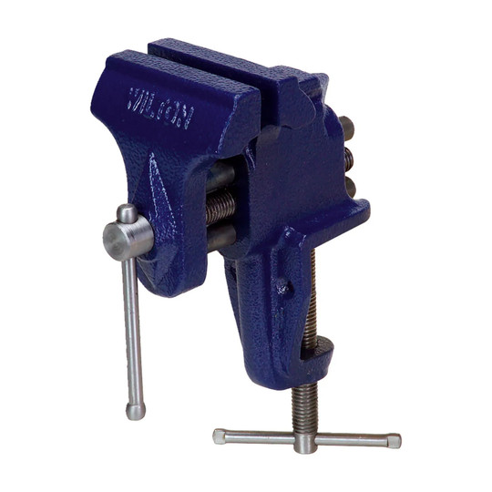 Blue clamp-on vise with stationary base and 3 inch jaws