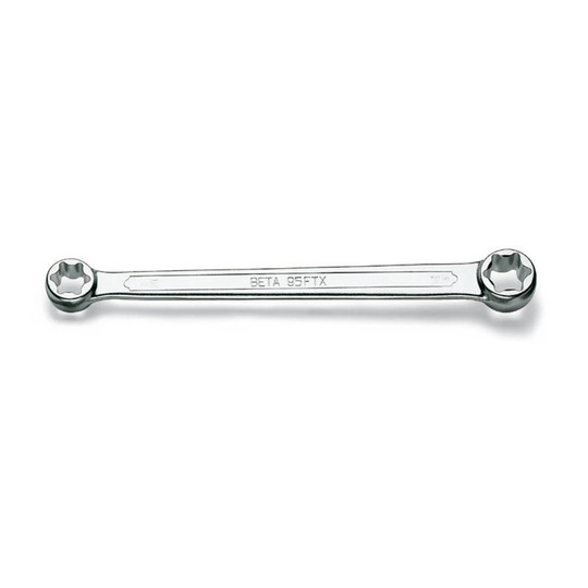 Silver straight double-end box wrench with E6 and E8 external Torx openings