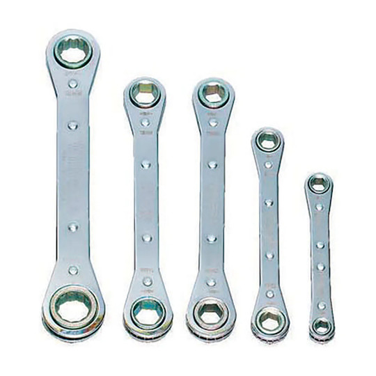 Five-piece double-head ratcheting box wrench set with metric openings from 7 mm to 17 mm