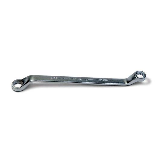 Silver double-head 60-degree offset box end wrench with 5/8 inch and 3/4 inch openings