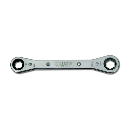 Silver double-head ratcheting box wrench with 15/16 inch and 1-1/8 inch openings
