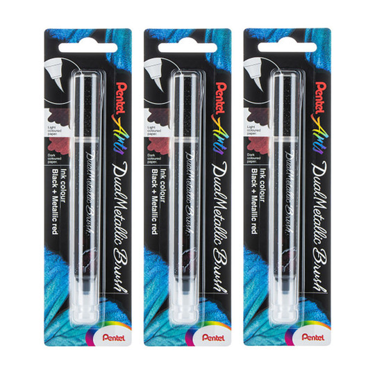 Dual Metallic Brush Pens, Black/Metallic Red Ink, Pack of 3