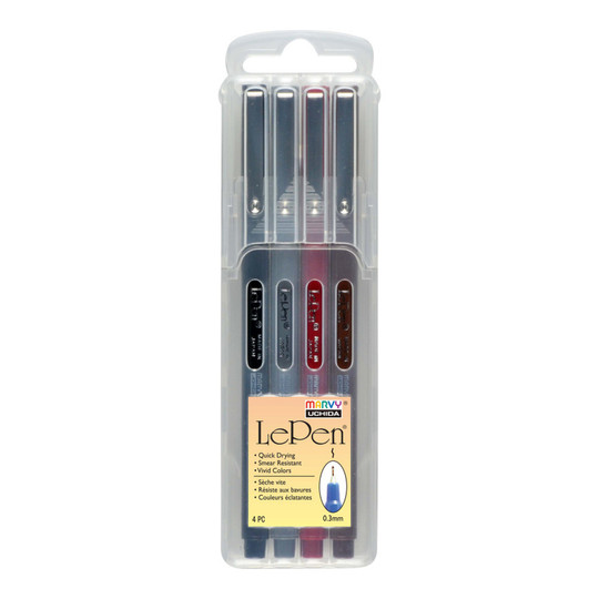 Le Pen Drawing Pens, Dark Colors, 0.3 mm Tip, 4-Pack