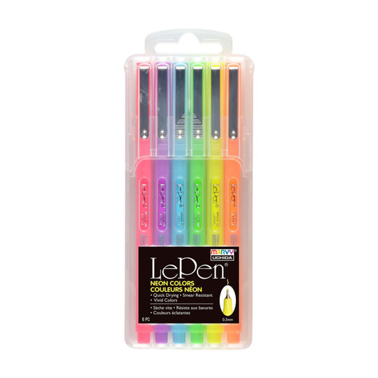 Neon Fine Tip Drawing Pens, 0.3 mm, Assorted Colors, Set of 6