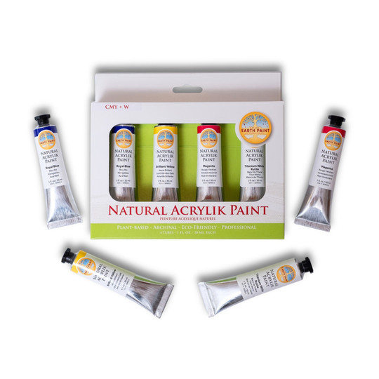 Plant-Based Acrylic-Style Paint Set, CMY + White, 1 oz Tubes, 4 Colors