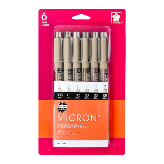 Black Pigment Fineliner Pen Set, Assorted Tip Sizes, 6 Pack