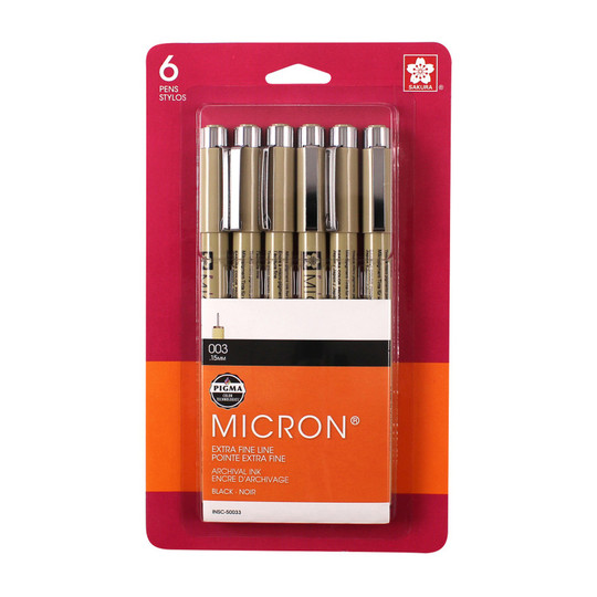 Black Pigma Micron Size 003 Fineliner Pens, 6-Pack