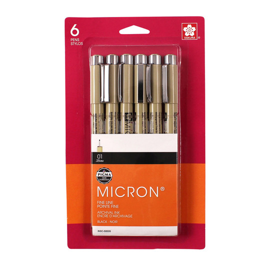 Black Pigma Micron Size 01 Fine Tip Pens, 6-Pack