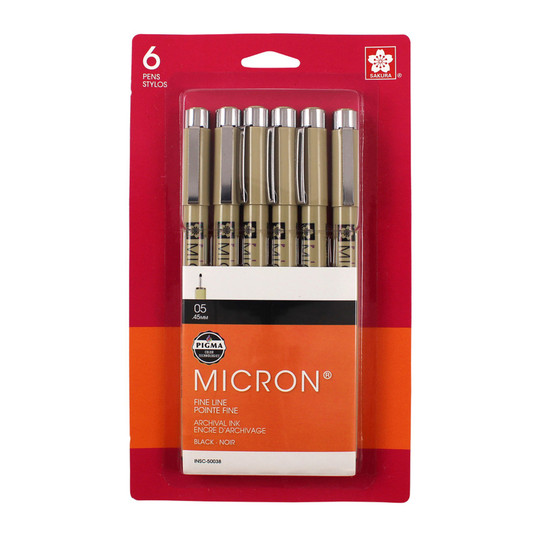 Black Pigma Micron Size 05 Fine Tip Pens, 6-Pack