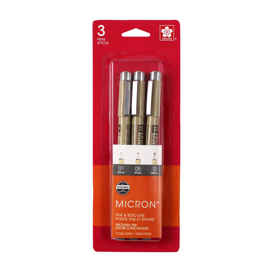 Cool Gray Pigment Fineliner Pen Set, Assorted Tip Sizes, 3-Pack