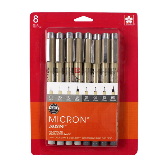Gray Pigment Fineliner Pen Set, 8 Pieces