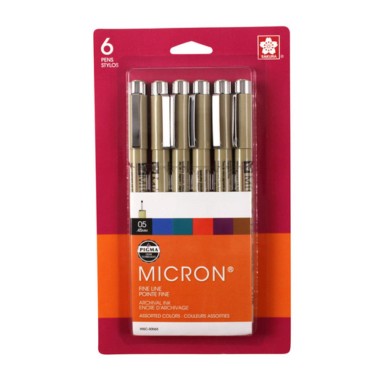 Size 05 Assorted Color Pigment Fineliner Pens, 6-Pack