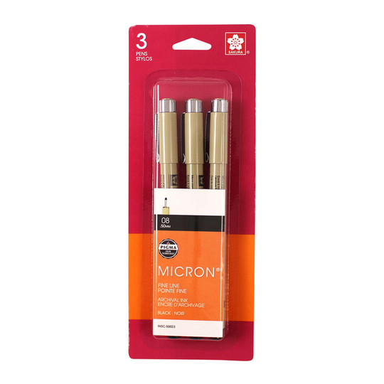 Black Size 08 Fine Point Pigment Pens, 3-Pack