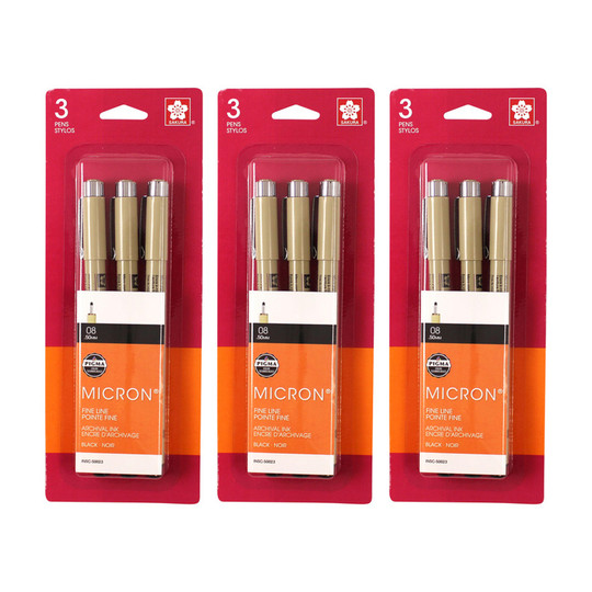Black Size 08 Fine-Point Pigment Pens, 9-Pack