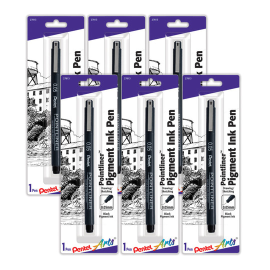 0.05 mm Black Pigment Ink Pointliner Pens, Pack of 6