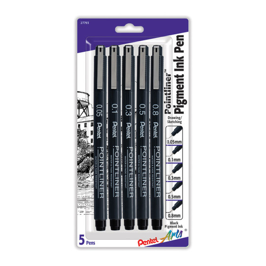 Black Pigment Ink Pointliner Pen Set, Assorted Tips, 5-Pack