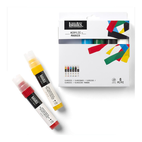 Professional Acrylic Paint Markers, 15 mm Chisel Nib, Classic Colors, Set of 6