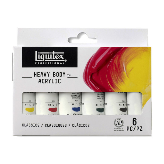 Professional Heavy Body Acrylic Paint Set, Classic Colors, 22 mL Tubes, 6-Pack